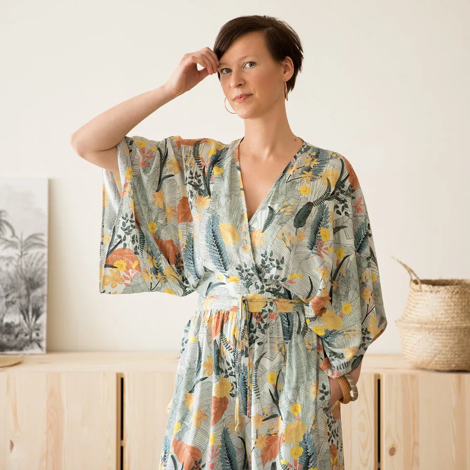 Tropic Flowers Chalk Blue Viscose Rayon Fabric by See You At Six, Oeko Tex Class 1 Certified
