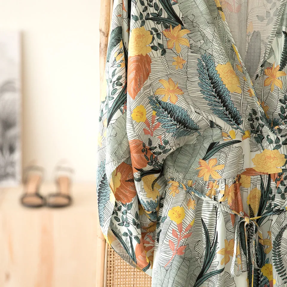 Tropic Flowers Chalk Blue Viscose Rayon Fabric by See You At Six, Oeko Tex Class 1 Certified