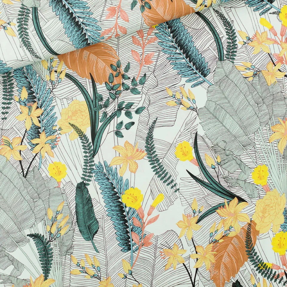 Tropic Flowers Chalk Blue Viscose Rayon Fabric by See You At Six, Oeko Tex Class 1 Certified