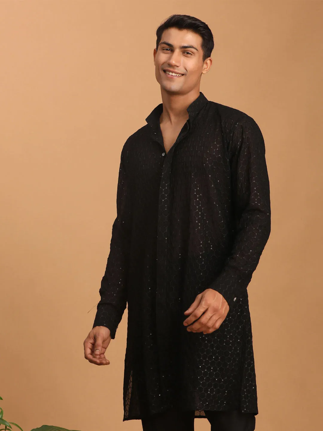 VASTRAMAY Black Sequined Georgette Kurta