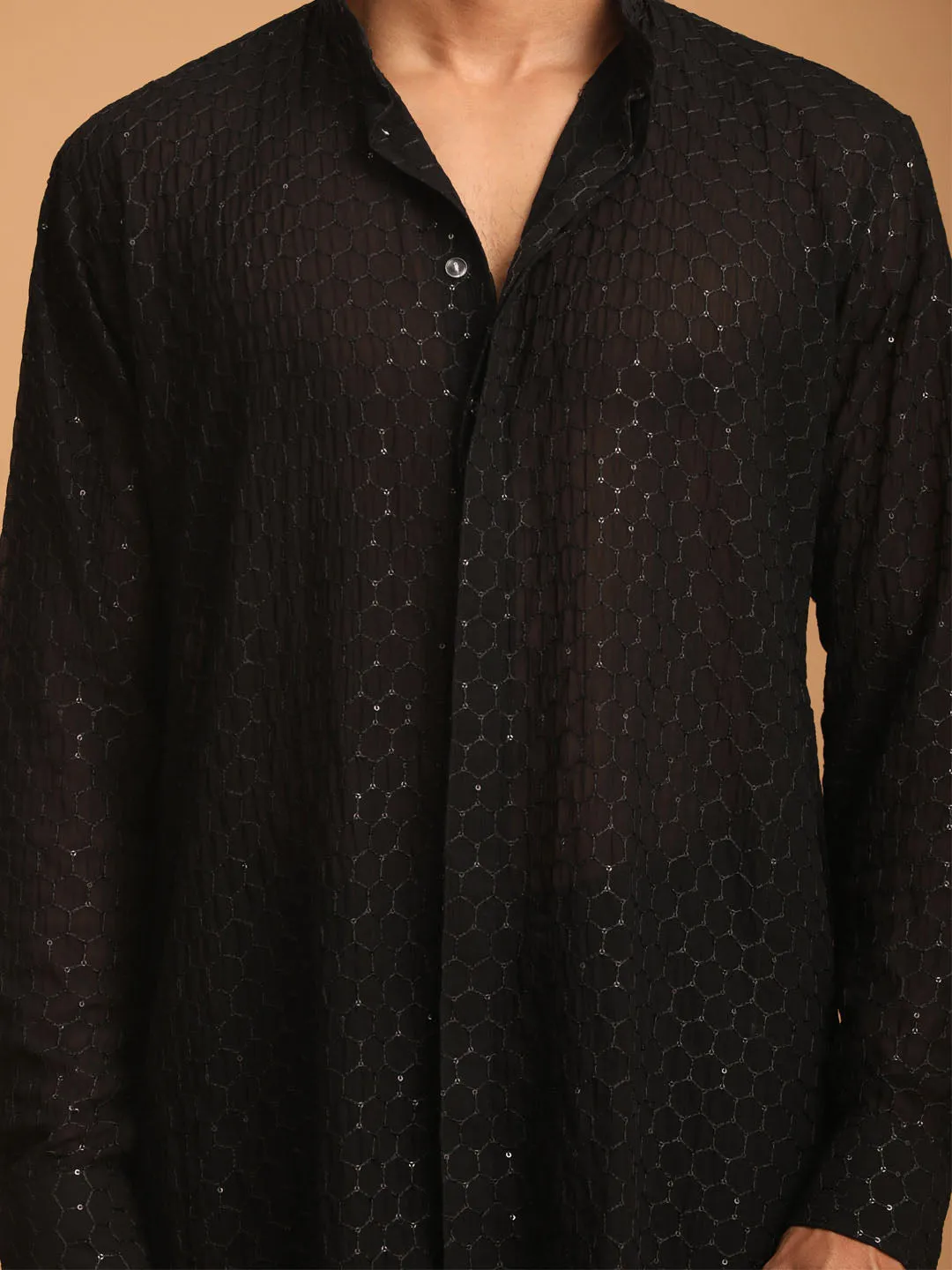 VASTRAMAY Black Sequined Georgette Kurta