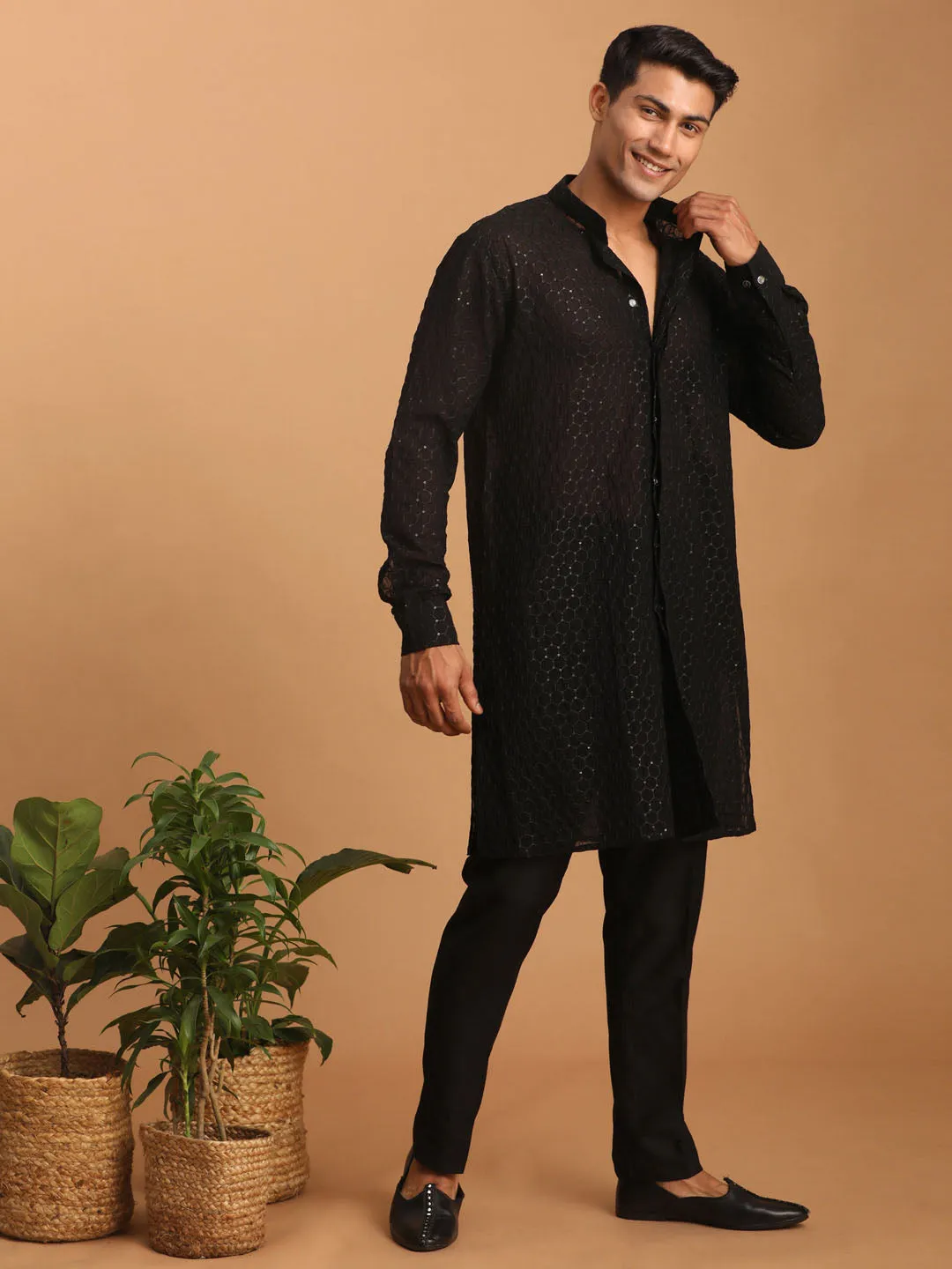VASTRAMAY Black Sequined Georgette Kurta