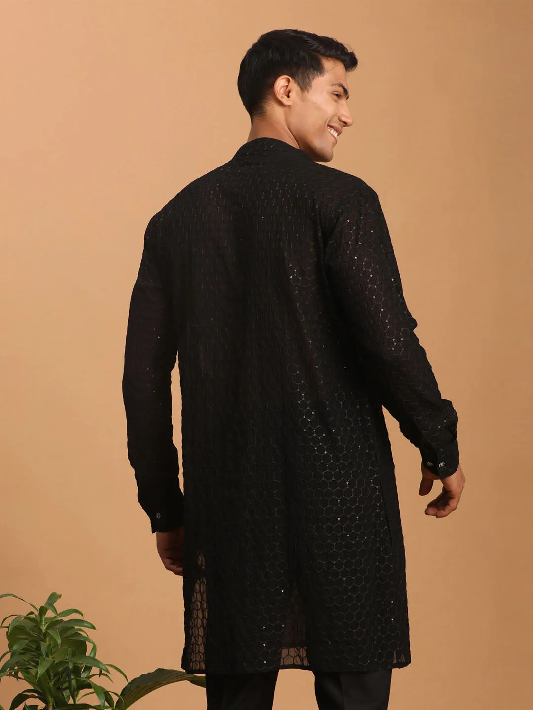 VASTRAMAY Black Sequined Georgette Kurta