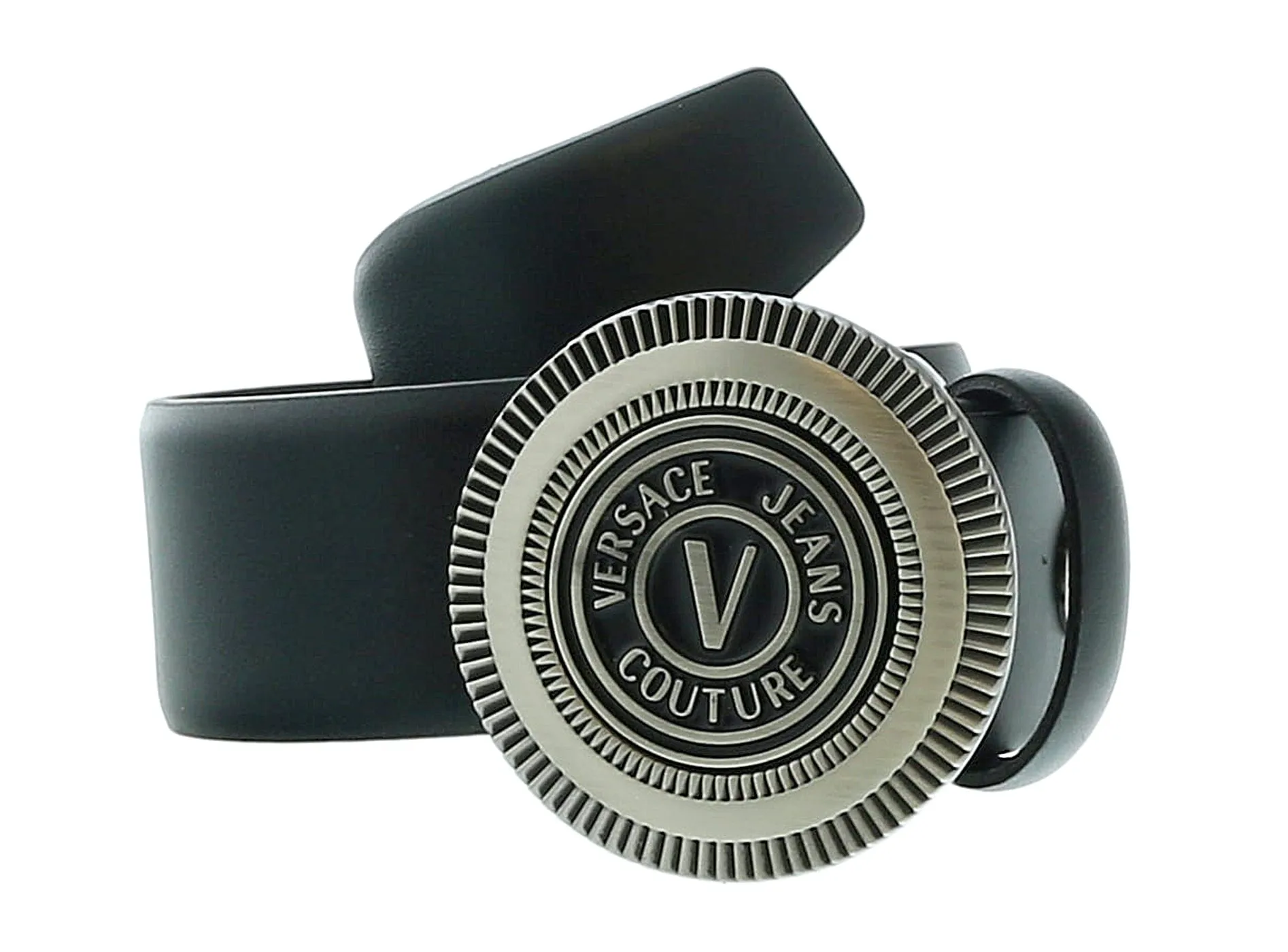 Versace Jeans Couture Silver V-Emblem Logo Buckle  Leather Mens Belt -