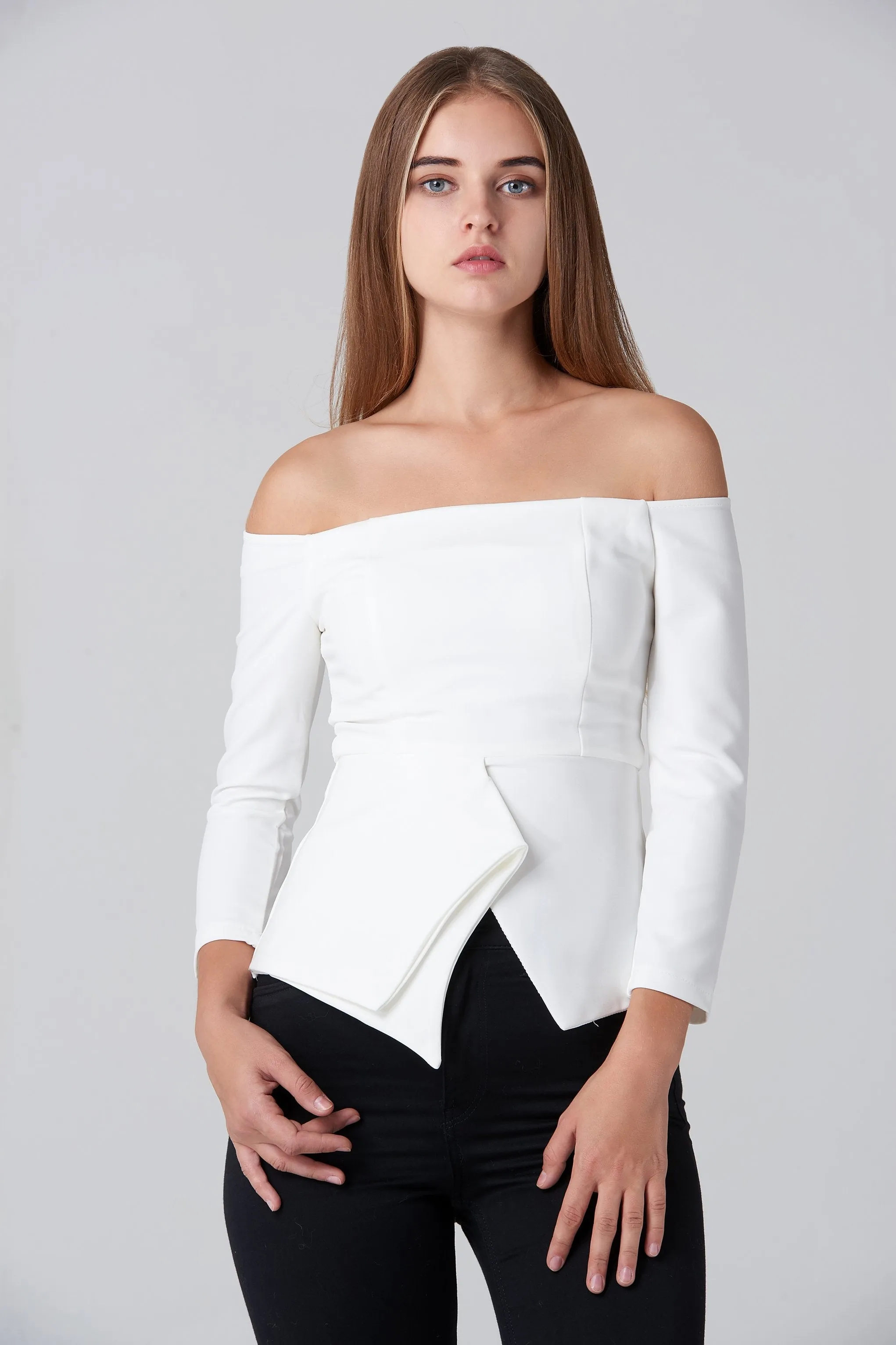 White Off Shoulder Flare Hem Top