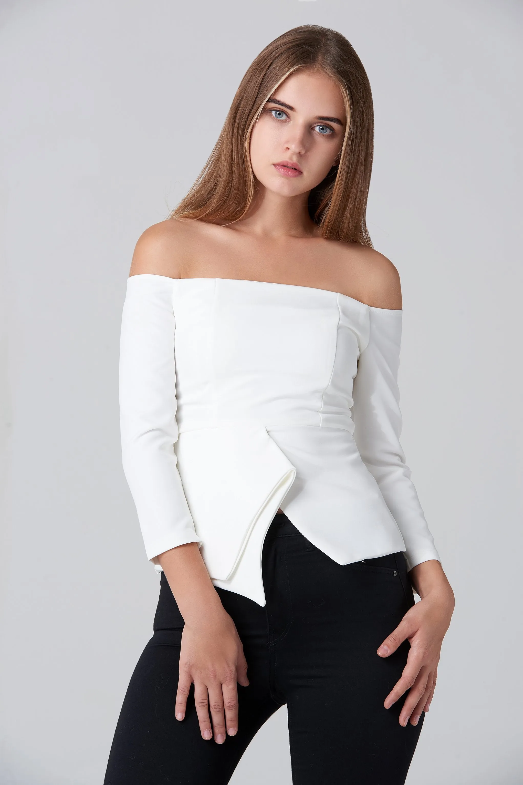 White Off Shoulder Flare Hem Top