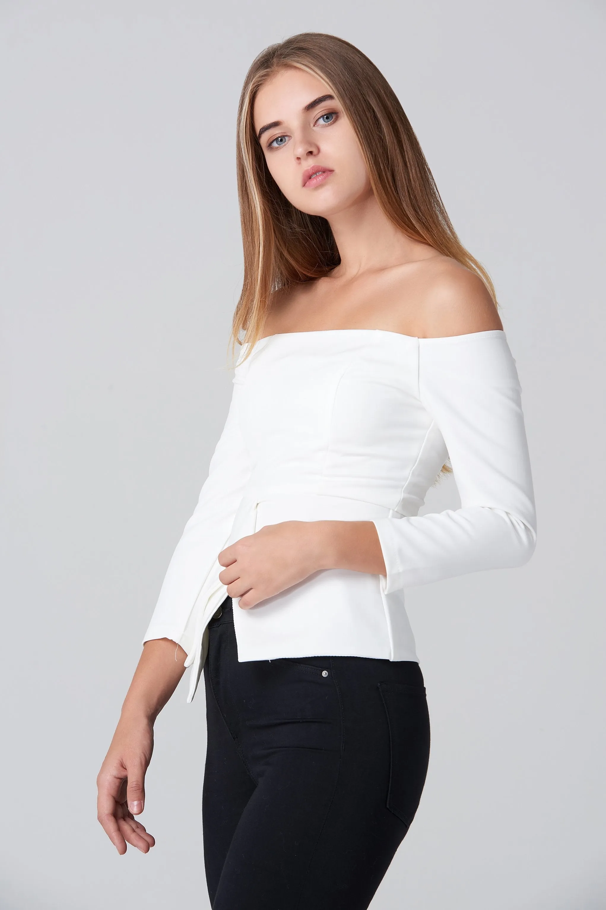 White Off Shoulder Flare Hem Top