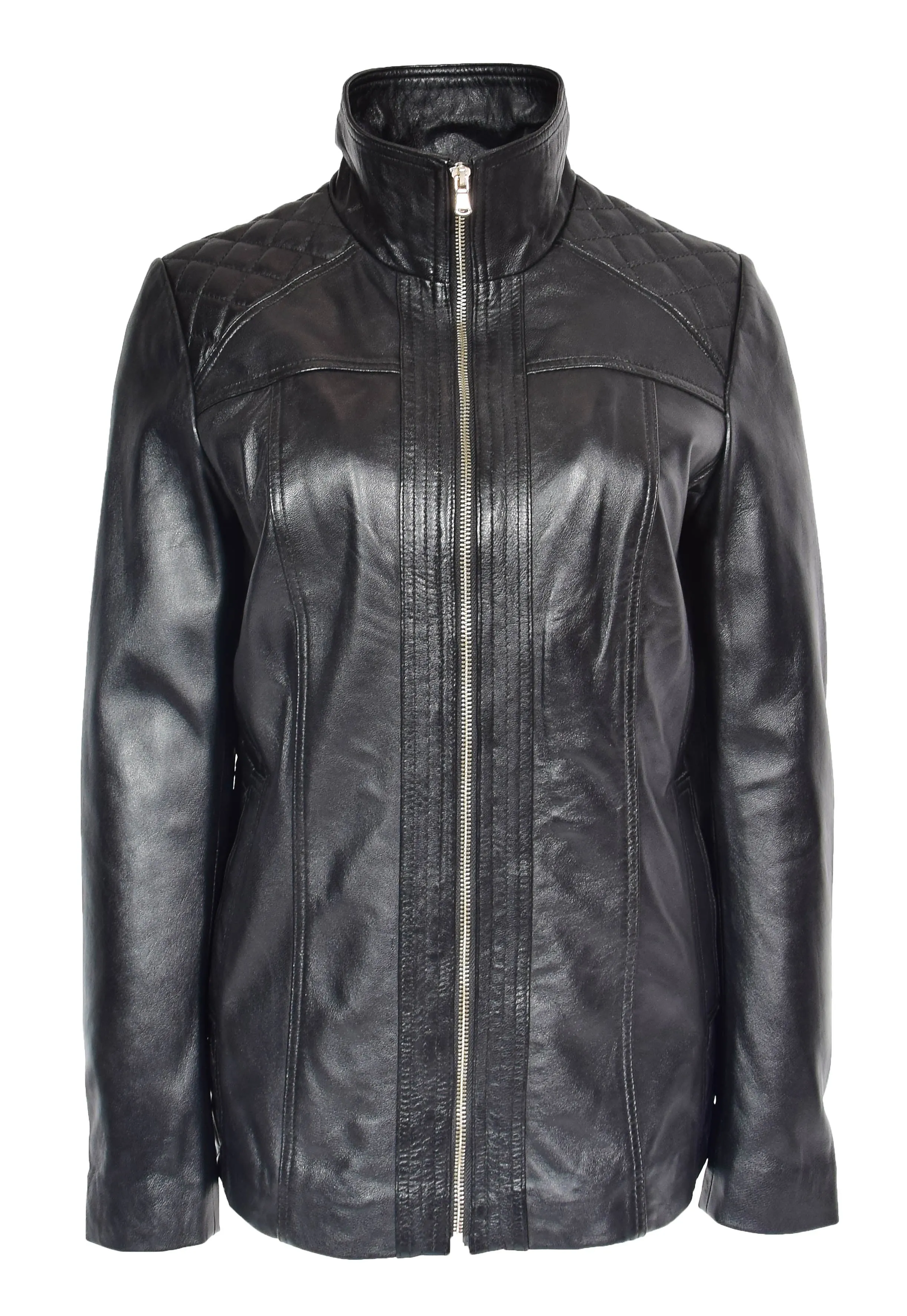 Womens Soft Black Leather Jacket Classic Fitted Quilted Hip Length Zip Fasten Paula