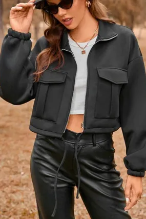 Zipper Pockets Drawstring Short Jacket Coat