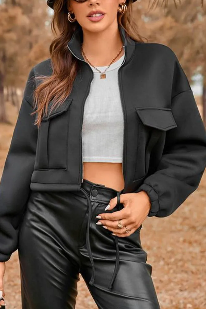 Zipper Pockets Drawstring Short Jacket Coat